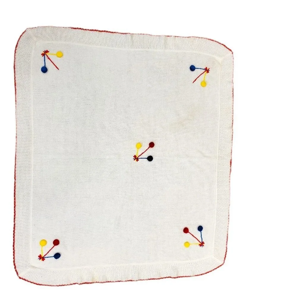 Vintage Yellow Bird White Knit Baby‎ Blanket Pom Balloons Acrylic 36x43